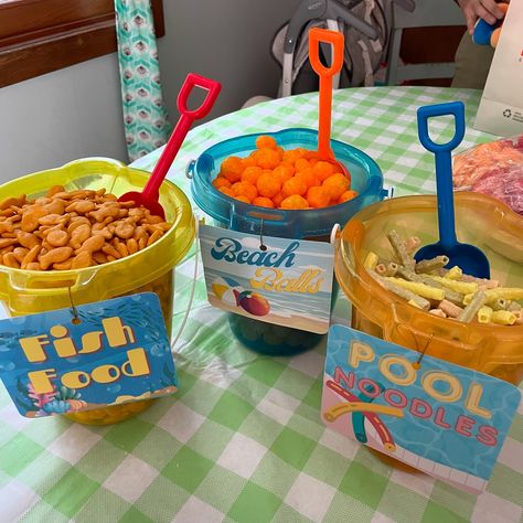 When someone asks you for beach themed snack signs, you gotta go extra #beachlife #beachparty #beachsnacks Bora Bora Themed Party, Beach Birthday Party Snacks, Ocean Themed Food For Kids, Shark Themed Desserts, Summer Themed Snacks, Beach Themed Snacks For Kids, Beach Themed Food For Party, The Big One Surf Birthday Food, Diy Beach Party Decorations