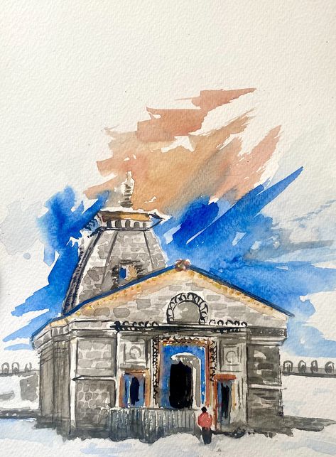 it's a hindu's one of top shrine. Shiva temple in Uttarakhand. Temple Painting Design, Uttarakhand Drawing, Temple Painting Indian, Temple Art Indian, Kedarnath Temple Painting, Kedarnath Painting, Kedarnath Temple, Temple Painting, Shiva Temple