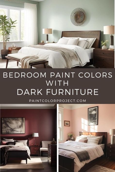 bedroom paint colors with dark furniture. Small Bedroom With Dark Furniture, Paint Colors That Go With Cherry Wood Bedroom, Master Bed Paint Ideas, Beige Bedroom With Dark Wood Furniture, Paint Colors With Cherry Furniture, Green Colors For Bedrooms, Beige Bedroom Dark Furniture, Bedroom Ideas With Dark Wood Furniture Color Schemes, Small Bedroom Dark Furniture