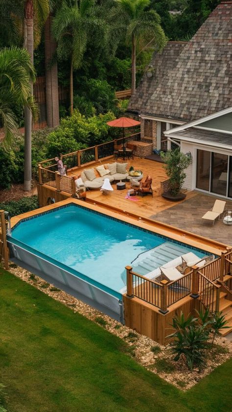 Floating Deck With Pool, Multi Level Pool Deck, Ranch Pool Ideas, Back Deck With Pool, Semi Inground Pool Deck, Wooden Pool Deck, Pools With Decks, Pool Goals, Pool With Deck