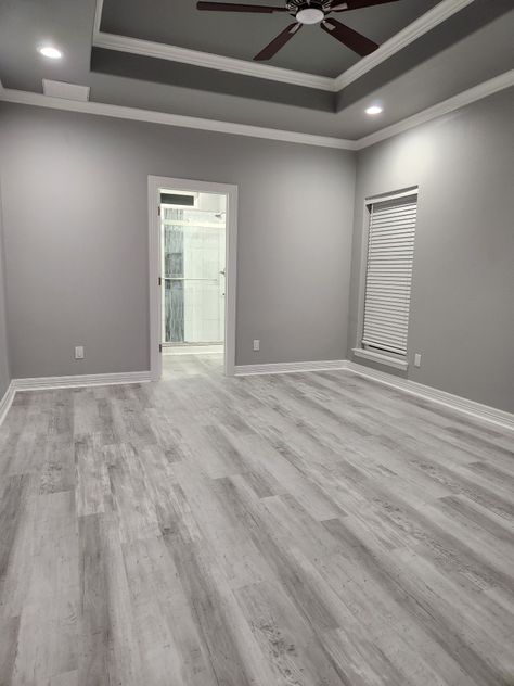 Gray Colored Walls, Pale Gray Walls, Light Grey Walls With Grey Floors, Light Grey Walls Flooring, Oak Floor Grey Walls, Bedroom Wall And Floor Ideas, Homes With Gray Floors, Laminate Flooring With Grey Walls, Grey Color Scheme For The Home