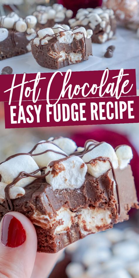 Hot Cocoa Fudge Recipe, Christmas Fudge Recipes Easy Condensed Milk, Fudge Packaging Ideas, Christmas Candy To Make, Hot Cocoa Fudge, Candy Bar Fudge, Hot Chocolate Fudge Recipe, Chocolate Fudge Recipes, Christmas Fudge Recipes