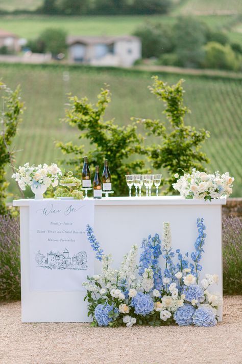 Enchanting wedding ideas at a Chateau in the vineyards of Burgundy via Magnolia Rouge Hydrangeas At Wedding, Wedding Ideas Hydrangea, Riverside Wedding Ideas, Indoor Wedding Decorations Elegant, French Garden Wedding Decor, Church Florals Wedding, Blue Coastal Wedding Theme, Coastal Grandma Wedding Aesthetic, Light Blue Coastal Wedding