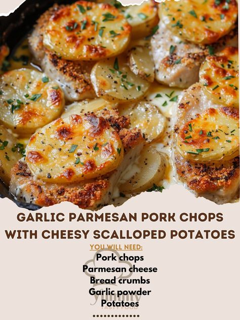 🧀🍖 Elevate your dinner with Garlic Parmesan Pork Chops and Cheesy Scalloped Potatoes! 🧀🍖 #DinnerInspiration #ComfortFood Garlic Parmesan Pork Chops with Cheesy Scalloped Potatoes Ingredients: Pork chops (4) Parmesan cheese, grated (1 cup) Bread crumbs (1 cup) Garlic powder (1 tsp) Potatoes, thinly sliced (4 cups) Heavy cream (1 cup) Cheddar cheese, shredded (1 cup) Butter (2 tbsp) Olive oil (2 tbsp) Salt and pepper to taste Instructions: Preheat oven to 375°F (190°C). Mix Parmesan, bread ... Chessy Potatoes, Garlic Parmesan Pork Chops, Layer Potatoes, Cheesy Potato Bake, Pork Dinners, Parmesan Pork Chops, Cheesy Scalloped Potatoes, Parmesan Bread, Potatoes In Oven