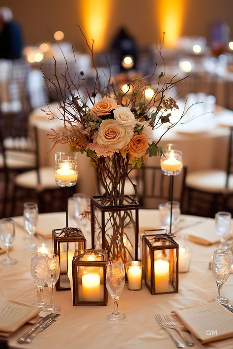 Fall Wedding Decor: Setting the Scene - Quiet Minimal Fall Inspired Centerpieces Wedding, Diy Centerpieces Wedding Fall, Mirrors In Wedding Decor, Rustic Glam Wedding Centerpieces, Autumn Wedding Round Table Decorations, Enclosed Candles Wedding, Fall Wedding Reception Table Decorations, Fall Wedding Long Table Decor, Rust Centerpiece Wedding