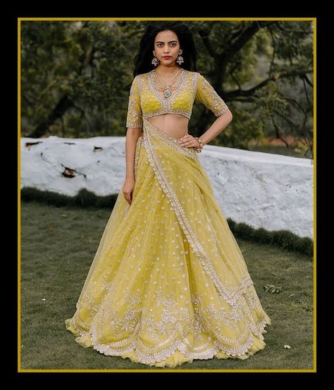 Shipping Worldwide. Fabric - Raw Silk. Work - Swarovski, Sequins, Beads, Zari, Cut Dana and Zardozi. Dupatta:- Soft net with embroidered scattered butties and scallop border. *Custom made outfit, can be made in any color of your choice. For price, orders & other information What's App on +91 9930089059 Happy Shopping☺️. Anushree Reddy Lehenga, Glass Beads Embroidery, Anushree Reddy, Yellow Lehenga, Floral Lehenga, Green Lehenga, Beads Embroidery, Net Lehenga, Lehenga Collection