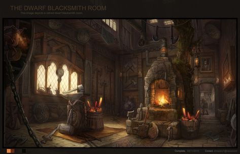 ArtStation - THE DWARF BLACKSMITH ROOM, Chivy 😊 Blacksmith Workshop, Interior Concept Art, Fantasy Shop, Fantasy Rooms, Landscaping Inspiration, Heroic Fantasy, Jaime Lannister, Blacksmith Shop, Medieval Houses