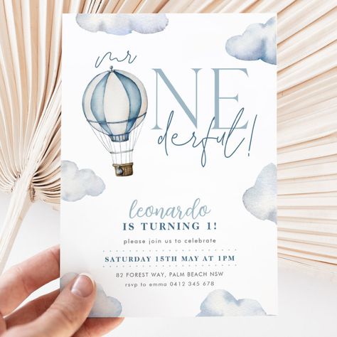 Mr ONEderful Hot Air Ballon Boy 1st Birthday Blue Invitation - Birthday Invitation Air Balloon Invitation, First Birthday Decorations Boy, Hot Air Balloon Invitation, Mr Onederful Birthday, Mr Onederful, Hot Air Balloon Party, Balloon Invitation, Baby Boy First Birthday, 1st Birthday Themes