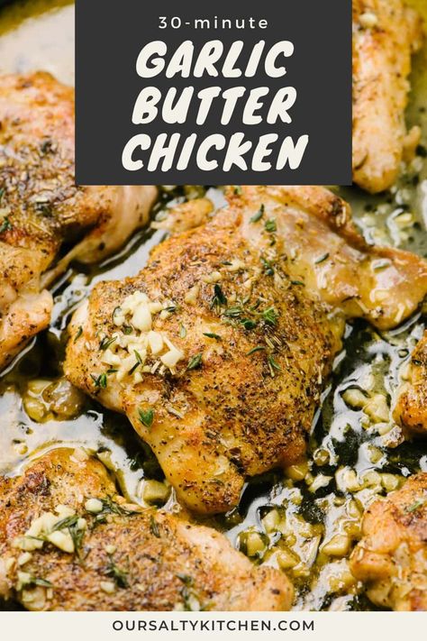 Garlic butter chicken thighs are flavorful and frugal! This is a one skillet chicken recipe, ready in just 30 minutes. Boneless skinless chicken thighs are packed with flavor and so affordable. They're generously seasoned, then pan seared until golden brown. A quick pan sauce with garlic, thyme, white wine, broth and butter is ready in just minutes. This quick chicken dinner is great for weeknights, and pairs with endless side dishes. #chickenthigh #dinner #chickenrecipe Boneless Skinless Chicken Recipes, Garlic Butter Chicken Thighs, Pan Seared Chicken Thighs, One Skillet Chicken, Best Chicken Thigh Recipe, Skillet Chicken Thighs, Garlic Sauce For Chicken, Chicken Thighs Dinner, Quick Chicken Dinner