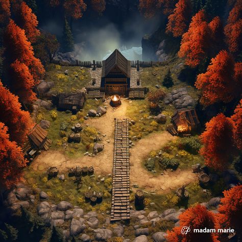 Cabin in the woods free TTRPG battle map Free on MadamMarie.net #battlemap #rpg #dungeonmaster #dnd5e #tabletopgames #ttrpg #dungeonsanddragons #tabletoprpg #dnd #roll20 #foundryvtt #fantasygrounds Forest Battle Map, Cabin Outside, Battle Map, Rpg Map, Cabin In The Woods, Fantasy Map, Dungeon Master, Tabletop Rpg, Cabins In The Woods