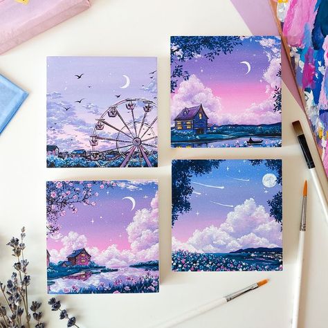 Want to decorate your home with a unique and original piece of art? Here you can shop a wide selection of original paintings which would perfectly fit even in a small space! Each artwork in this shop is entirely hand drawn, which make each painting special and one of a kind! ∎ Size: 10 cm x 10cm ( approximately 3.9” x 3.9”) ∎ Little wooden easel from pictures is shipped with the painting for free! ∎ Created with high quality acrylic paints on a wooden board Unique Mini Canvas Painting, 4 In One Painting, Watercolor Painting On Canvas, Art Inspo Aesthetic Painting, Aesthetic Painting On Canvas, Poster Painting Ideas, Canvas Art Painting Wall Decor, Home Decor Paintings Canvas, Painting Inspo Aesthetic