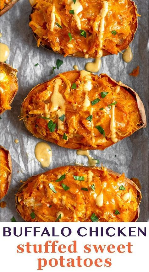 Buffalo Chicken Stuffed Sweet Potatoes make a tasty appetizer, hearty dinner, or perfect game day meal. They are easy to make (with a few meal prep options) and an absolutely delicious stuffed sweet potato recipe. Dairy-free, paleo, & Whole30 approved. Buffalo Chicken Stuffed Sweet Potatoes, Potatoes Loaded, Mashed Sweet Potato, Shredded Buffalo Chicken, Twice Baked Sweet Potatoes, Baked Sweet Potatoes, Stuffed Sweet Potatoes, Loaded Sweet Potato, Chicken Stuffed