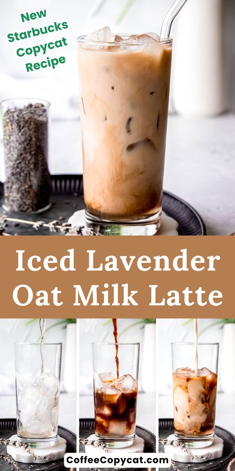 Iced Lavender Oat Milk Latte (Starbucks Copycat) - coffeecopycat.com Starbucks Lavender Oatmilk Latte, Iced Lavender Oat Milk Latte, Starbucks Lavender Latte, Lavender Oatmilk Latte, Lavender Oat Milk Latte Starbucks, Lavender Oat Milk Latte, Starbucks Lavender Drink, Oat Milk Latte Recipe, Coffee Concoctions