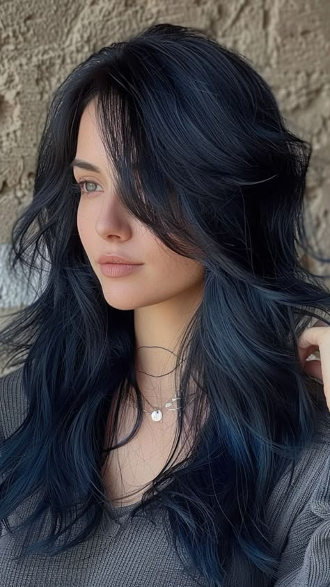 24 Sophisticated Blue Black Hair Ensembles Blue Black Medium Length Hair, Black Hair Frosted Tips, Midnight Black Hair Color, Deep Blue Black Hair, Black Color Hair Styles, Dark Denim Hair, Summer Hair For Black Hair, Black With Blue Tint Hair, Blue Brunette Hair