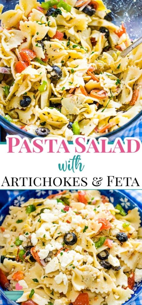 Pasta Salad With Artichoke Hearts, Salad With Artichoke Hearts, Artichoke Pasta Salad, Artichoke Heart Recipes, Bowtie Pasta Salad, Greek Pasta Salad Recipe, Feta Pasta Salad, Mediterranean Pasta Salads, Greek Vinaigrette