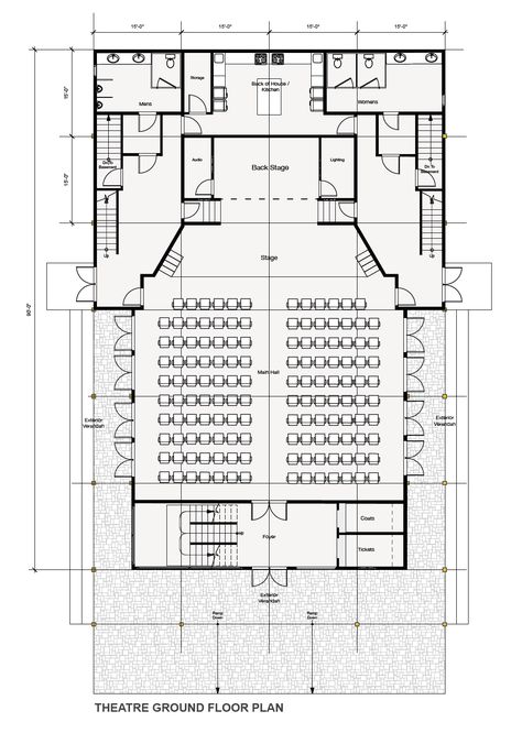 Auditorium Plan Architecture, Audotirum Design, Theatre Exterior Architecture, Small Theatre Architecture, Multi Purpose Hall Plan, Auditorium Design Architecture, Theatre Plan Architecture, Auditorium Plan With Dimensions, Cinema Floor Plan