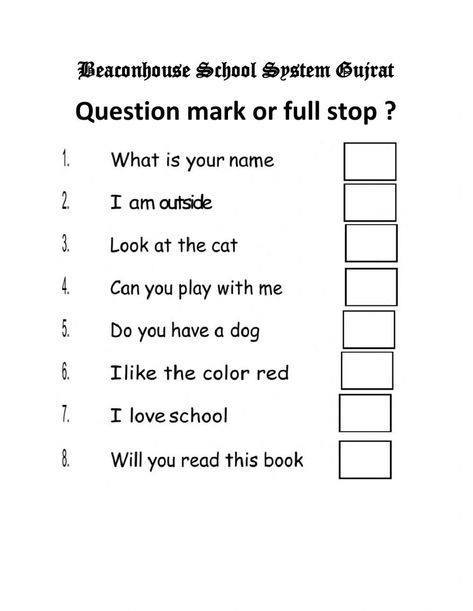 Punctuation online worksheet for Kindergarten. You can do the exercises online or download the worksheet as pdf. Punctuation Worksheets For Kindergarten, Punctuation For Kindergarten, Question Worksheet For Grade 1, Question Mark And Full Stop Worksheet, Punctuation Worksheets For Class 1, Question Mark Worksheet, Capitalization Worksheets, Teaching Punctuation, Capital Letters Worksheet