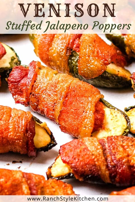 Venison Jalapeno Poppers (aka Deer Rolls) are the best! Fresh sliced jalapenos are stuffed with cream cheese, topped with tender deer backstrap, and wrapped in bacon. Can be smoked in a pellet grill/smoker or baked in the oven for an easy, flavorful venison recipe you'll want to make time and time again! Venison Jalapeno Poppers, Elk Meat Recipes, Bacon Wrapped Steak, Elk Meat, Deer Steak, Venison Tenderloin, Venison Backstrap, Elk Recipes, Bacon Jalapeno Poppers