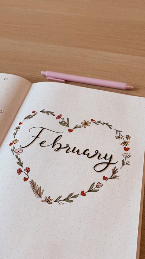 February Notebook Ideas, February 2024 Journal, Frames For Journal, Feb Bujo Cover, February Aesthetic Month Calendar, February Reading Journal Spread, February Dot Journal Ideas, February Reading Journal, Bullet Journal Month Cover February