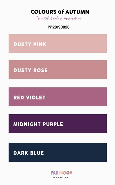 Autumn Color 2019 { Dusty Pink Dusty Rose Red Violet Dark Blue Midnight Purple } #color #colorinspiration #purple Colours That Go With Dusty Pink, Dusty Pink And Purple Bedroom, Dusty Pink And Mustard Bedroom, Violet Palette Colour Schemes, Dark Dusty Pink Bedroom, Colors That Go With Dusty Pink, Dark Autumn Pink Palette, Dusty Pink And Purple Wedding, Dusty Plum Color Palette