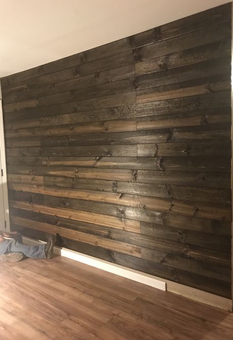 Dark Walnut Shiplap Wall Black Stain Shiplap Wall, Dark Stain Shiplap Wall, Dark Brown Shiplap Wall, Walnut Shiplap Wall, Wooden Shiplap Wall, Dark Wood Shiplap Wall, Dark Shiplap Wall Living Room, Walnut Accent Wall, Western Basement Ideas