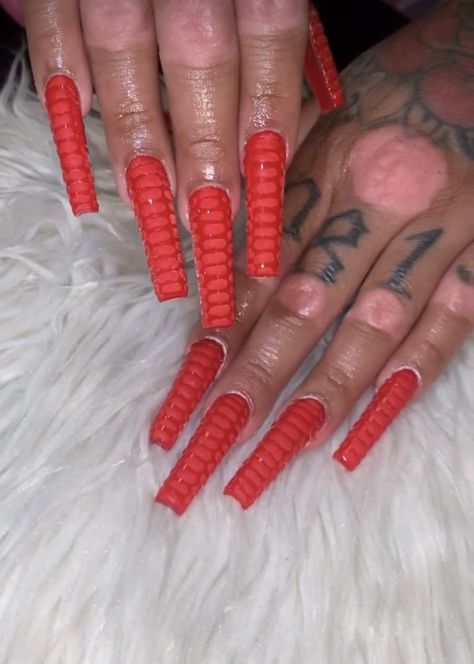 Red Croc Nails Acrylic, Red Tip Nails Square, Red Crocodile Nails, 3d Croc Nails, Red Croc Nails, Croc Nails Acrylic, Baddie Red Nails, Nails Square Design, Grabbers Nails