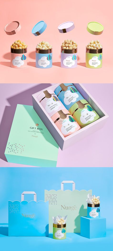 Popcorn Branding Design, Branding Design Packaging Food, Cute Food Packaging, Popcorn Packaging Ideas, Popcorn Branding, Popcorn Packaging Design, Candy Packaging Ideas, Cake Packaging Design, Candy Packaging Design