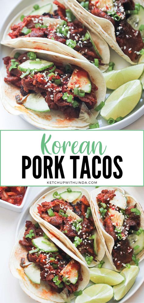 Korean Pork Tacos are juicy, sweet, and spicy, perfect for your easy dinner recipes for the family! Grilled pork belly with sauce is served over taco and topped with fresh kimchi and toasted sesame seeds! You shouldn't miss this best taco of your life! Korean Pork Tacos, Fresh Kimchi, Pork Belly Tacos, Korean Pork, The Best Tacos, Best Tacos, Asian Pork, Diner Recept, Pork Tacos