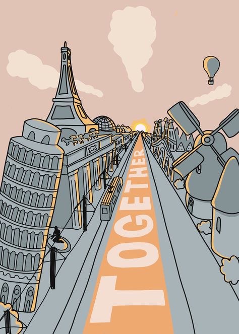 Illustration for European Cultural Foundation as an uplifting message on togetherness, hope and solidarity - by @doodlesafstrom on Instagram. #eu #europe #illustration #artwork #poster #landmarks #europeanlandmarks Solidarity Poster, Solidarity Illustration, Europe Illustration, Hope Artwork, Presentation Design Layout, Social Media Work, Internet Culture, Artwork Poster, Uplifting Messages