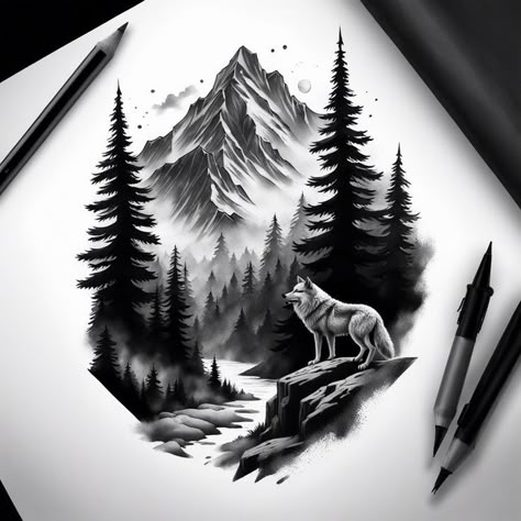 Mountain Deer Tattoo, Forest Mountain Tattoo Design, Mountain Scene Tattoo, Tree Tattoo Art, Wilderness Tattoo, Tree Silhouette Tattoo, Wolf Sleeve, Woods Landscape, Ancient Art Tattoo