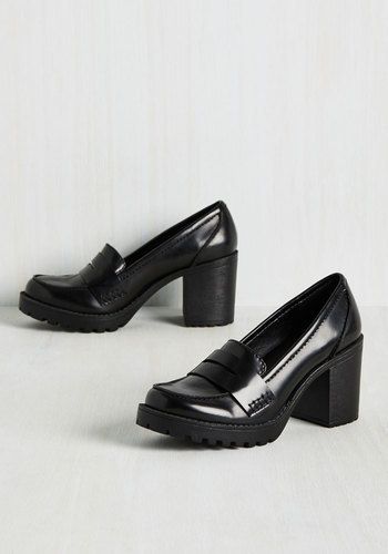 Loafer and Done With Block Heel in 7 Shoes Heels Black, Loafers Outfit, Dr Shoes, Block Heel Loafers, Black Shoes Heels, Shoes Cute, Prom Heels, Black Block Heels, Vintage Heels