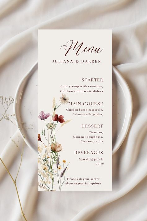 Wildflowers Wedding Menu Template Fully Editable Canva Card Instant Download 4x9 Dinner Party Menu Template Printable Juliana #menueditable #wildflowersmenu #weddingmenucard #pdfeditablemenu #floralmenutemplate #canvatemplate #instantdownload #summermenu #printablewedding Menu Wedding Design Ideas, Garden Wedding Menu Ideas, Menu Cards For Wedding, Menu Card For Wedding, Menu For Wedding Reception, Menu Aesthetic Design, Wedding Food Menu Card, Dinner At Wedding, Menu Wedding Ideas