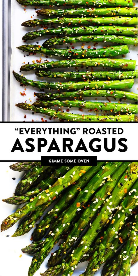 Kick your roasted asparagus recipe up a notch this season with some everything bagel seasoning! It's super quick and easy to make, naturally vegan and gluten-free, and makes the most delicious healthy side dish. | Gimme Some Oven #asparagus #side #vegetable #healthy #dinner #thanksgiving #christmas #holiday #fall #winter Keto Asparagus, Roasted Asparagus Recipe, Asparagus Recipes Oven, Best Asparagus Recipe, Grilled Asparagus Recipes, Asparagus Recipes Baked, Asparagus Recipes Roasted, Everything Bagel Seasoning, Recipes Oven