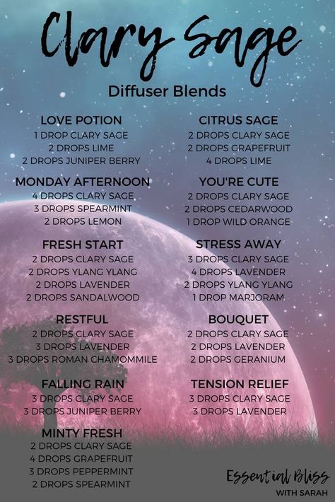 Youngliving Recipes, Doterra Diffuser, Essential Oil Combinations, Clary Sage Oil, Doterra Essential Oils Recipes, Essential Oil Diffuser Blends Recipes, Essential Oil Remedy, Clary Sage Essential Oil, Essential Oils Guide