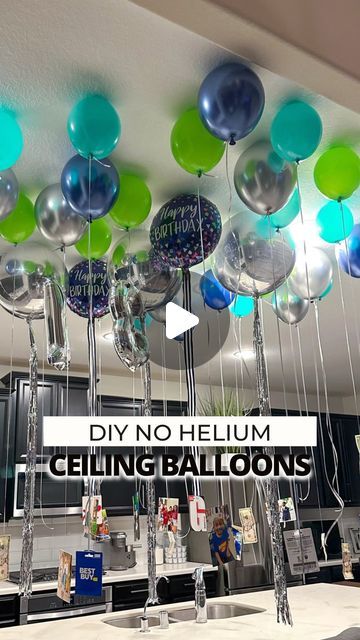 Jasmine Camble | Houston Mom Blogger on Instagram: "Looking for a fun birthday balloon surprise for that special someone? #ad⁣ ⁣ Here’s how I created 𝐂𝐄𝐈𝐋𝐈𝐍𝐆 𝐁𝐀𝐋𝐋𝐎𝐎𝐍𝐒 for my son’s 13th birthday using supplies from @partycity. I love that they have an easy shopping experience either in-store or online with both pickup & delivery options available.⁣ ⁣ Directions: ⁣ ⁣ 1️⃣ Use an electric balloon pump to inflate a variety of 𝐁𝐀𝐋𝐋𝐎𝐎𝐍𝐒 in different shapes, colors and sizes. ⁣ ⁣ 2️⃣ Tie 𝐂𝐔𝐑𝐋𝐈𝐍𝐆 𝐑𝐈𝐁𝐁𝐎𝐍 to the ends of each balloon. For flair, you can alternate the curling ribbon with cut strips of foil door curtains or even fabric ribbons. ⁣ ⁣ 3️⃣ Apply 𝐀𝐃𝐇𝐄𝐒𝐈𝐕𝐄 𝐓𝐀𝐁𝐒 to the tops of each balloon. Latex balloons only require 3-4 tabs. Mylar balloons wil Balloon Hanging Pictures, Decorate Home For Birthday Diy Ideas, How To Make Helium Balloons At Home, Birthday Project Ideas, Birthday Balloon Door Surprise, Balloon Decoration Ideas Birthday, Ballon’s Hanging From Ceiling, Birthday Balloons With Pictures Attached, Home Decor Ideas For Birthday