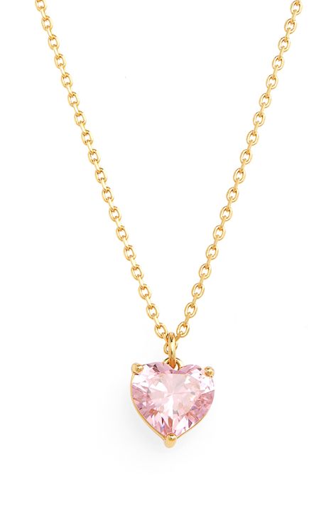 A green cubic zirconia heart inspired by May's emerald birthstone centers this pendant necklace with love. 16" length; 3" extender; 1/4"W x 1/4"L pendant Goldtone plate/cubic zirconia Imported Pink Jewelry Aesthetic, Pink Necklace Jewelry, Pink Necklaces, Aurora Necklace, Pink Heart Jewelry, L Necklace, Pink Gold Necklace, K Necklace, Pink Heart Necklace