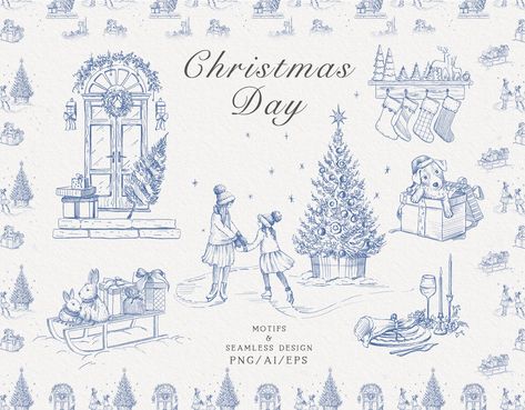 Christmas Toile, Red Clipart, New Year Tree, New Years Tree, New Year Illustration, Toile Pattern, Chinoiserie Blue, Blue Chinoiserie, Illustration Noel