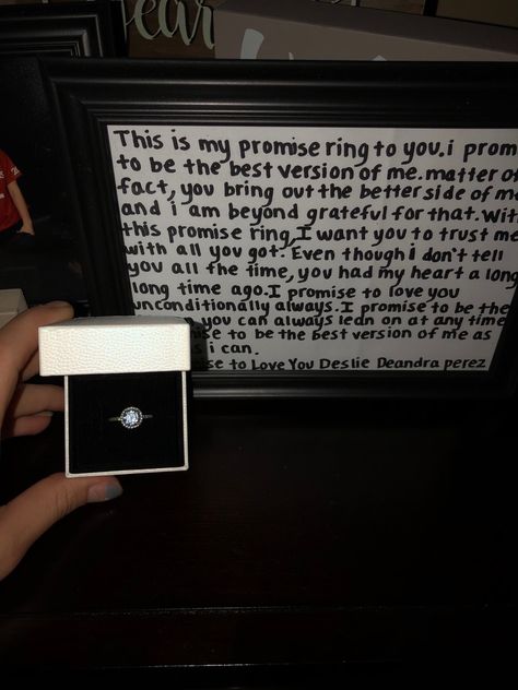 He gave her a promise ring and a handwritten note! #relationship #promisering #relationshipgoals #ring #note #handwrittennote #love #couple #couples #inlove #giftsforher What To Say When Giving A Promise Ring, Promise Ring Promises, Promise Rings For Yourself, Rings To Get Your Girlfriend, Promise Ring Proposal For Him, Promise Ring With Message, Qoutes About Promise Ring, Cute Couple Promise Rings, Promise Ring Speech