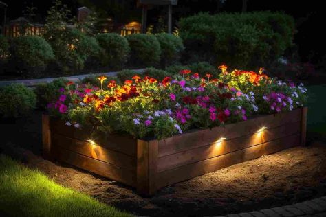 Make flower beds glow and they look very pretty at night! Check out our post for more garden lighting ideas for a beautiful outdoor space! Raised Garden Beds With Lights, Raised Bed Lighting, Garden Bed Lighting, Flower Bed Lighting, Trellis Ideas Garden, Outdoor Trellis Ideas, Garden Trellis Ideas, Garden Lighting Ideas, Front Porch Planters