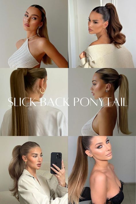 Slick Back Bun With Extensions, Slick Back Formal Hair, Long Hair Slick Back, Slickback Ponytail, Slick Back Hairstyles, Slick Back Ponytail, Back Ponytail, Hairstyles Long Hair, Event Hairstyles