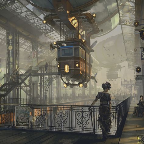 ArtStation - Steampunk trainstation Ville Steampunk, Steampunk City, Steampunk Artwork, Steampunk Aesthetic, Steampunk Tendencies, Arte Steampunk, Bg Design, Fantasy City, Fantasy Setting