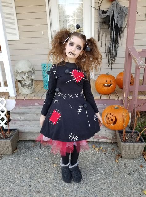 Scary Dolls Costume, Halloween Voodoo Costume, Voodoo Dolls Costume, Diy Creepy Doll Costume, Scary Doll Costume For Kids, Creepy Doll Costume For Kids, Voodoo Doll Costume Diy, Vodoo Doll Costume, Voodoo Doll Makeup Halloween