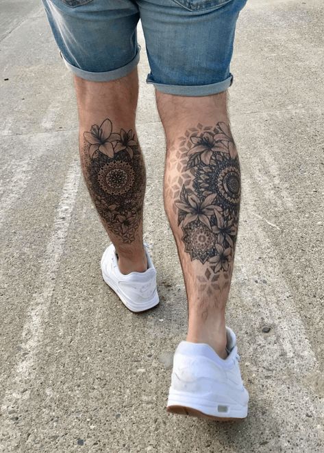 Mandela Tattoo Calf, Calf Tattoo Geometric, Back Of Calves Tattoo, Calf Tattoo Men Calves, Back Leg Tattoo Men, Mandala Tattoo Men Leg, Men Mandala Tattoo, Tattoo Ideas For Men Leg Calves, Calf Mandala Tattoo