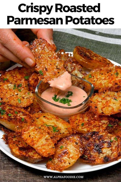 Coated in golden crispy parmesan, these parmesan crusted potatoes are the ultimate upgrade to a classic side dish and so easy to put together. Mashed Potatoes Parmesan, Sweet Potato With Parmesan Cheese, Crispy Cheese Potatoes, Parmesan Crusted Sweet Potatoes, Potato Appetizers Easy, Roasted Parmesan Potatoes, Airfryer Meals, Crusted Potatoes, Bbq Side Dish Recipes