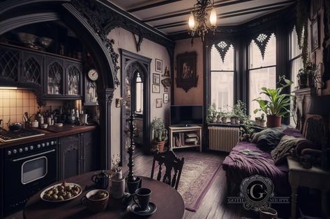 Living Room Witchy, Apothecary Bedroom, Bedroom Witchy, Goth Interior Design, Goth Interior, Alt Decor, Cottage Goth, Dark Inspiration, Witchy Cottage