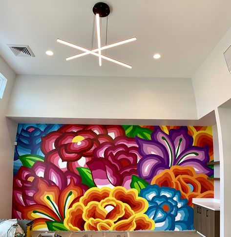 Mexican Art Mural, Mexican Street Art Murals, Mexico Mural Art, Mexican Flower Mural, Mexican Wall Mural, Colorful Painted Walls, Mayan Mural, Mexican Mural Art, Mexican Murals