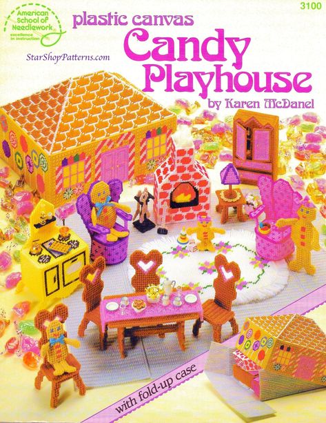 Vintage Toy Plastic Canvas Pattern Book PDF • Candy Gingerbread House Dollhouse Pattern • Miniature Plastic Canvas Doll Pattern Furniture by StarShopPatterns on Etsy Dollhouse Family, Patterned Furniture, Plastic Canvas Pattern, Candy House, American School, Dollhouse Projects, Christmas Gingerbread House, Needlepoint Stitches, Vintage Candy