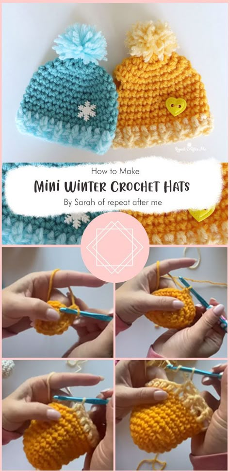 Tiny Snowman Hats Diy, Mini Beanie Crochet Pattern Free, Mini Crochet Beanie, Crochet Hat Decorations, Tiny Hats Crochet, Small Hat Crochet, Mini Knit Hat, Mini Hat Crochet Pattern Free, Crochet Tiny Hat Free Pattern