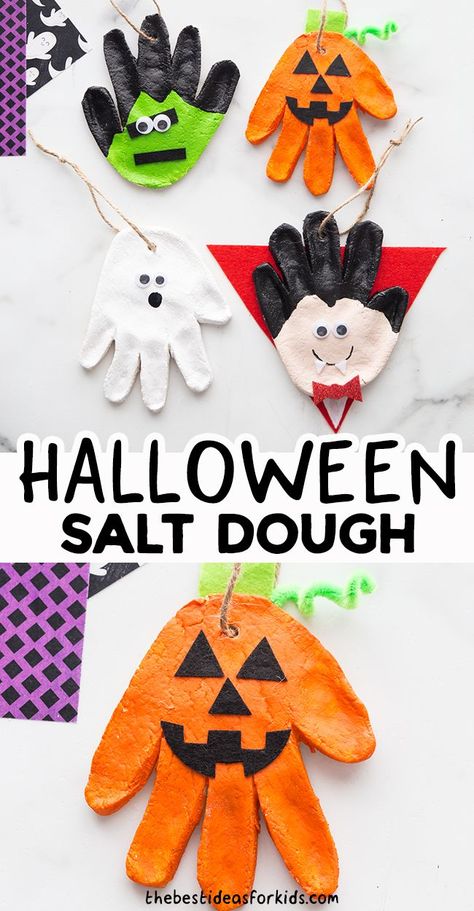 Halloween Salt Dough Recipe - such a fun Halloween craft for kids! Make your own Halloween handprint salt dough ornaments. | Halloween Crafts for Kids Salt Dough Handprints, Crafts For Kids Halloween, Kids Crafts Toddlers, Halloween Crafts For Kids To Make, Halloween Crafts Preschool, Halloween Crafts For Toddlers, Halloween Memes, Halloween Arts And Crafts, Fun Halloween Crafts