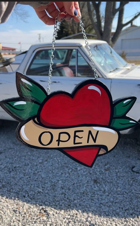 Tattoo Heart Open sign is perfect for your shop or small business! 
Let customers know when you're open, and when you're not! 

Hand painted with high quality enamel paint.
Approx size 10in diameter Tattoo Shop Signs, Small Business Art, Open & Closed Signs, Signage Ideas, Closed Sign, Small Business Signs, Open Sign, Business Art, Tattoo Heart